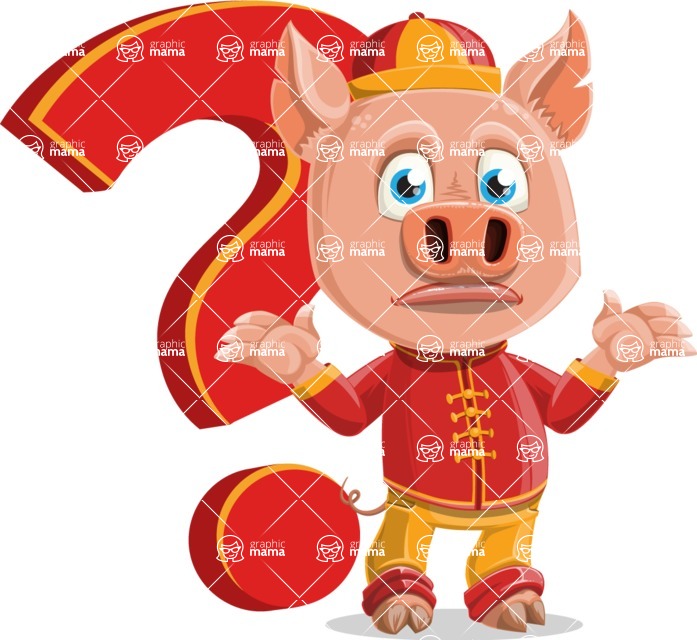 Year of the Pig Character - Vector Pig Cartoon - Year of the Pig Vector Character with a Question